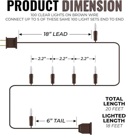 612 Vermont 100 Clear Incandescent Christmas String Lights Brown Wire Cord | UL Approved Indoor Outdoor Use, 18' Lighted Length, 20' Total Length, Mini Lights, Connect Up To 5 Sets End To End