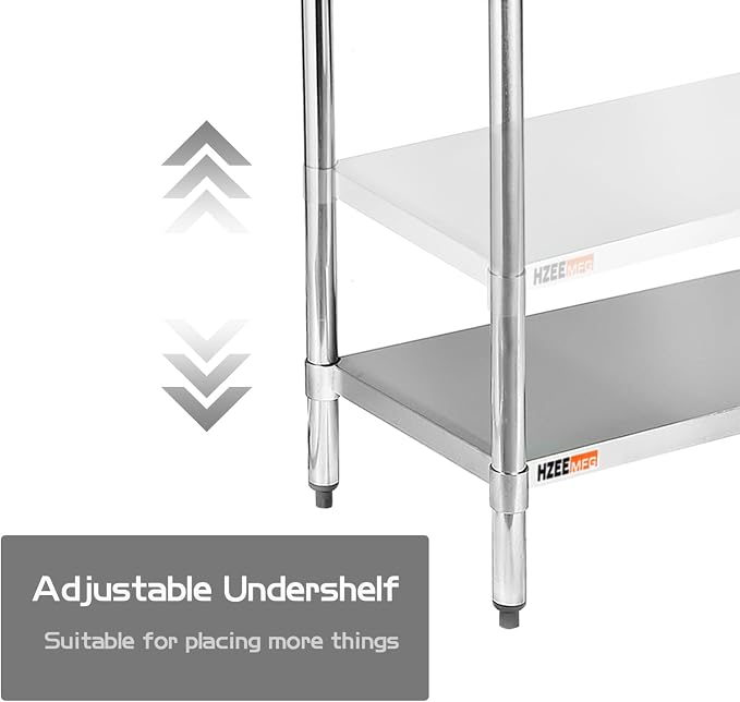 Stainless Steel Prep Table with Undershelf 48x30 Inches 4ft | Heavy Duty Metal Workbench with Adjustable Lower Shelf for Commercial Kitchen Restaurant Laundry Garage Hotel Workshop Chef