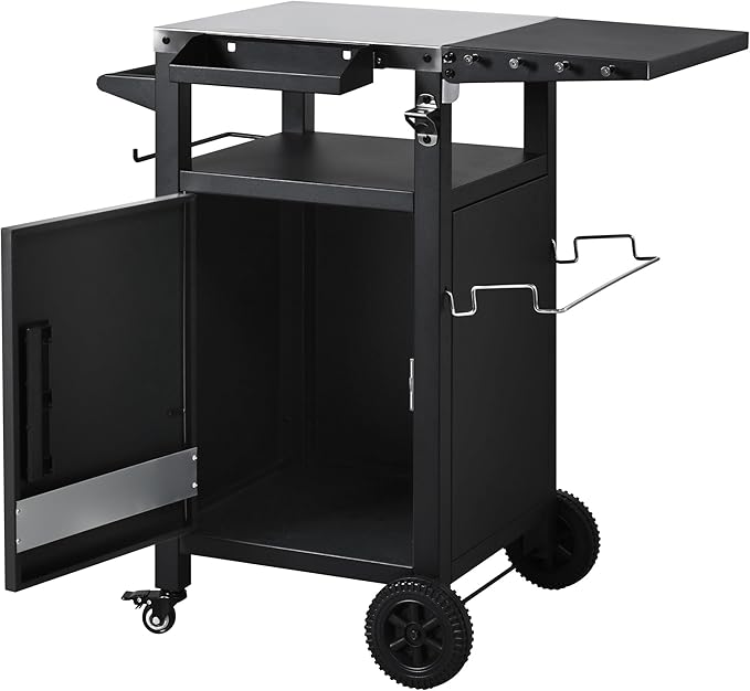 Outdoor Kitchen Island and Grill Cart with Stainless Steel Top, 33.9" Mobile BBQ Prep Table with Drop Leaf, Storage Cabinet, Spice & Paper Towel Rack, Rolling Pizza Oven Stand for Patio