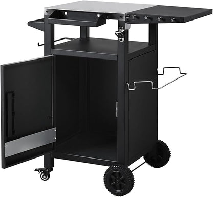 Outdoor Kitchen Island and Grill Cart with Stainless Steel Top, 33.9" Mobile BBQ Prep Table with Drop Leaf, Storage Cabinet, Spice & Paper Towel Rack, Rolling Pizza Oven Stand for Patio