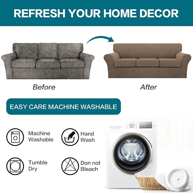 Turquoize 4 Piece Sofa Covers for 3 Cushion Couch Sofa Slipcover Soft Couch Cover for Dogs Washable Furniture Cover with 3 Individual Large Cushion Covers Feature Fabric (Large Sofa, Macchiato)