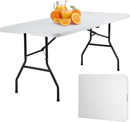 PayLessHere | 6FT Folding Table | White | Portable Plastic Table | with Carry Handle | Waterproof & Foldable Table Design | Steel Frame with Lock | for Events, Camping, Indoor & Outdoor Use