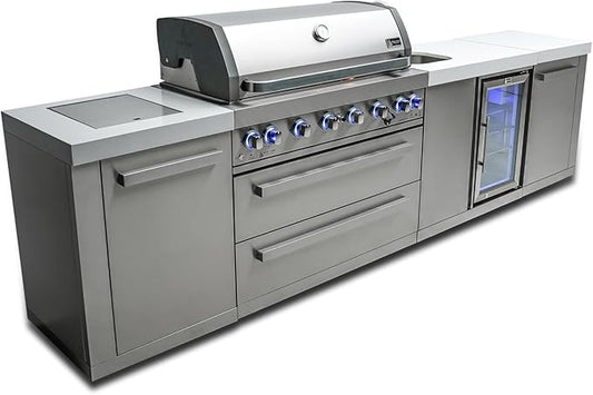 Mont Alpi Premium 132"W x 23"D x 46"H Stainless Steel Outdoor Kitchen Island with Fridge Faucet & Sink Combo + 44"W 6-Burner BBQ Gas Grill + White Granite Countertops + Storage Cabinets & Drawers
