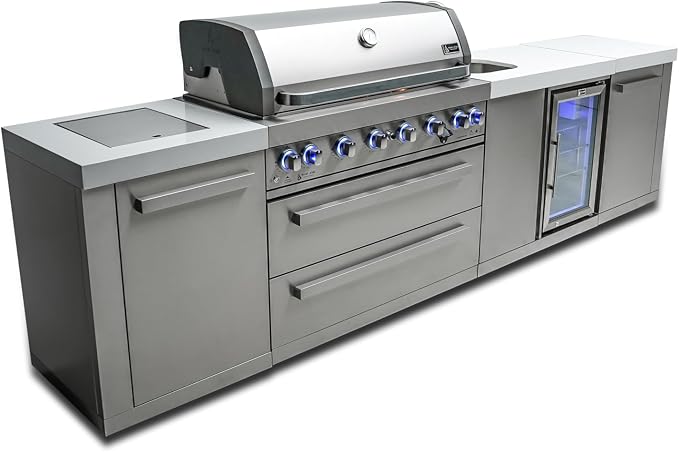 Mont Alpi Premium 132"W x 23"D x 46"H Stainless Steel Outdoor Kitchen Island with Refrigerator + 44"W 6-Burner BBQ Grill + Faucet and Sink + White Granite Countertops + Storage Cabinets and Drawers