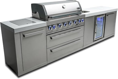 Mont Alpi Premium 132"W x 23"D x 46"H Stainless Steel Outdoor Kitchen Island with Refrigerator + 44"W 6-Burner BBQ Grill + Faucet and Sink + White Granite Countertops + Storage Cabinets and Drawers