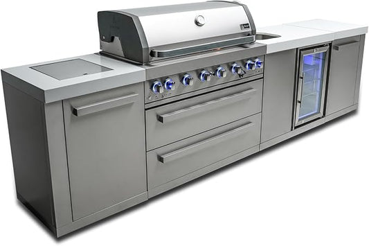 Mont Alpi Premium 132"W x 23"D x 46"H Stainless Steel Outdoor Kitchen Island with Refrigerator + 44"W 6-Burner BBQ Grill + Faucet and Sink + White Granite Countertops + Storage Cabinets and Drawers
