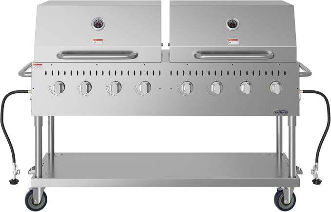 60 in. 8-Burner Commercial Outdoor Propane Gas Grill with 2 Roll Dome Covers in Stainless-Steel, ETL Listed (CGKIT6-D30D30)