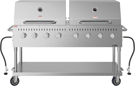 60 in. 8-Burner Commercial Outdoor Propane Gas Grill with 2 Roll Dome Covers in Stainless-Steel, ETL Listed (CGKIT6-D30D30)