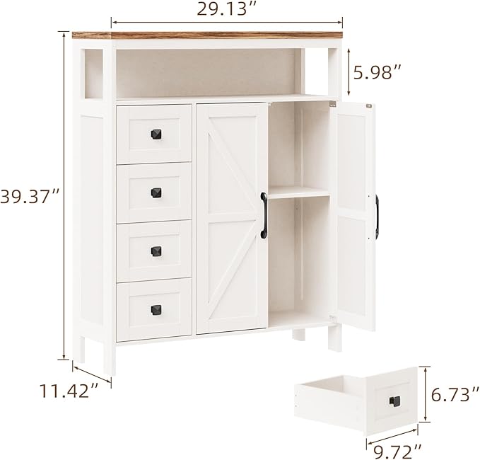 Vabches Farmhouse Storage Cabinet with 2 Doors and 4 Drawers, Freestanding Bathroom Storage Cabinets, Kitchen Pantry Cabinet, Floor Hutch Cupboard for Kitchen/Living Room/Bathroom(Unique White).