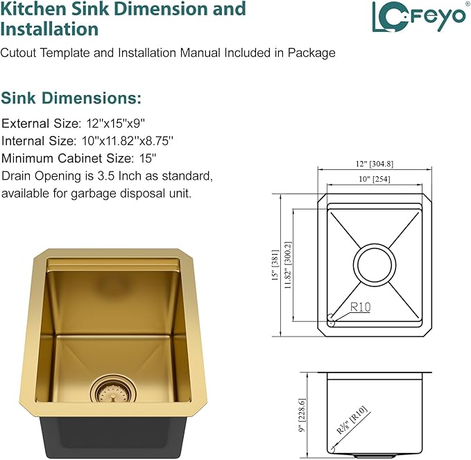 Undermount Gold Bar Sink 12"x15" Workstation Undermount Small Kitchen Sink Small Wet Bar Sink 16 Gauge Stainless Steel for RV Kitchen, LKU0212159G