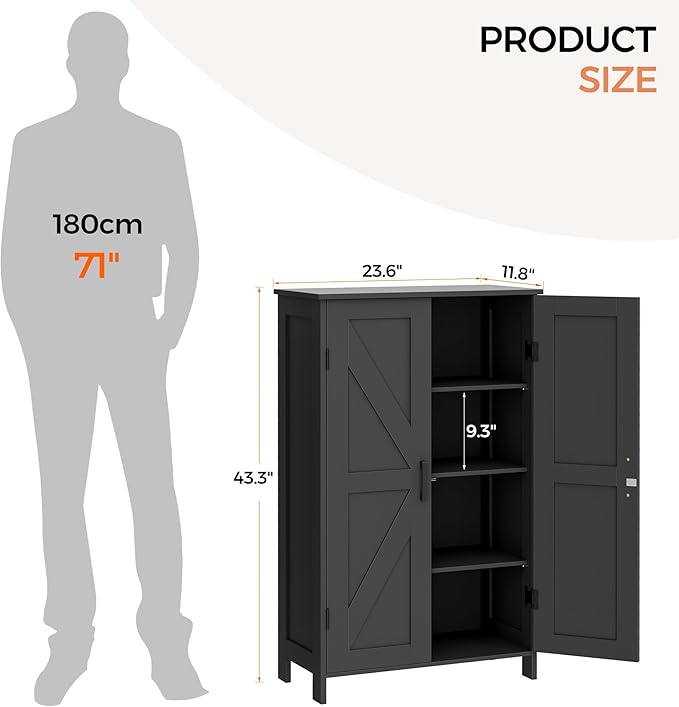 Homleke Farmhouse Bathroom Cabinet with Adjustable Shelves, Free-Standing Storage Cabinet with Barn Doors, for Kitchen, Living Room, Dining Room, Entryway, Black