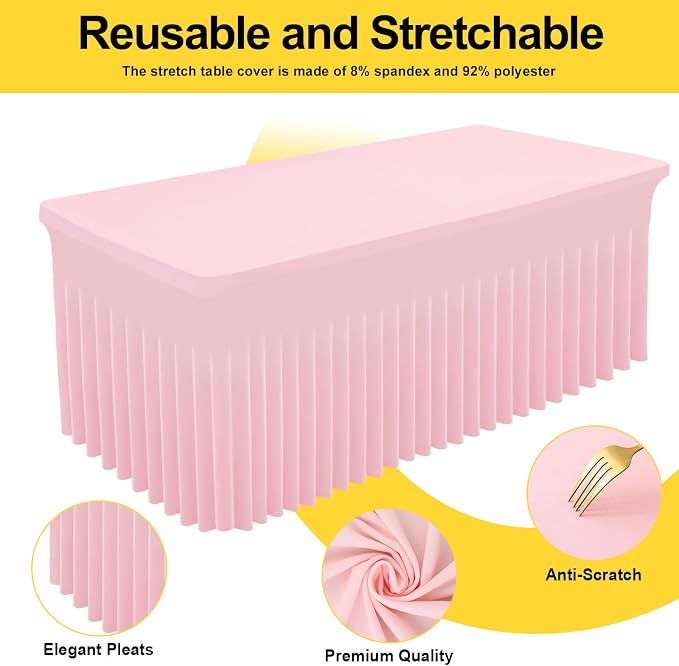 Smiry 2 Pack Spandex Elastic Fitted Table Cloth Skirt for 8FT Table | Stretch Washable Table Cloth, Banquet Table Cover for Wedding, Party, Indoor & Trade Shows, (Pink, 96Lx30Wx30H)