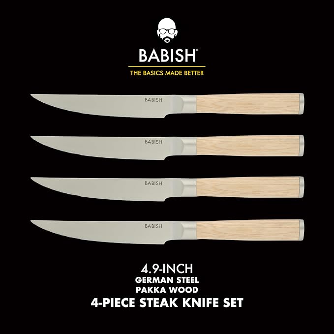 Babish 4-Piece 1.4116 German Stainless Steel Steak Knife Set with Light Pakka Wood Handles – Full-Tang Steak Knives for Dining, Entertaining & Everyday Table Use