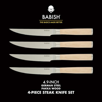 Babish 4-Piece 1.4116 German Stainless Steel Steak Knife Set with Light Pakka Wood Handles – Full-Tang Steak Knives for Dining, Entertaining & Everyday Table Use