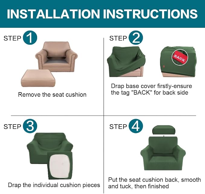 Turquoize 2 Piece Chair Covers Armchair Slipcovers for Living Room Armchair Sofa Cover with Individual Cushion Covers Feature Jacquard Fabric (Chair, Bronze Green)