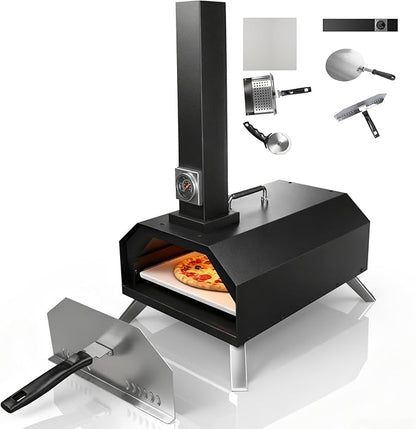 12" Wood Pellet Pizza Oven Outdoor, Portable Foldable Pizza Maker with Built-in Thermometer, Square Pizza Stone, Ideal for Camping, Backyard, Patio, Garden & Party