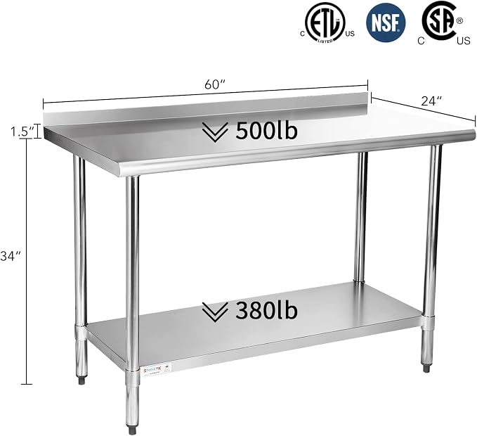 STABLEINK Stainless Steel Table with Backsplash 60x24 Inches 5ft for Prep | NSF Certified Metal Work Table with Adjustable Undershelf for Commercial Kitchen Restaurant Hotel Laundry Garage Chef