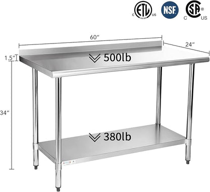 STABLEINK Stainless Steel Table with Backsplash 60x24 Inches 5ft for Prep | NSF Certified Metal Work Table with Adjustable Undershelf for Commercial Kitchen Restaurant Hotel Laundry Garage Chef