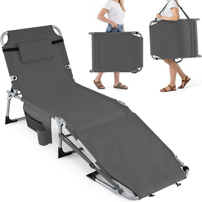 GYMAX Tanning Chair, 330LBS Beach Lounge with Face Arm Hole & Hand Shoulder Strap, Folding Layout Sunbathing Chair, Face Down Outdoor Chaise Lounger for Patio, Poolside, Lawn, Backyard (1, Grey)
