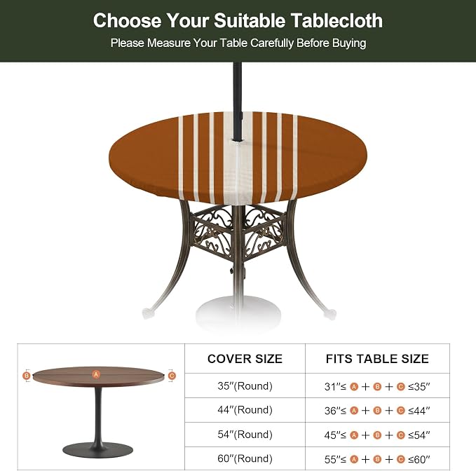 Outdoor Fitted Tablecloth with Umbrella Hole and Zipper, Burnt Orange Beige Striped Elastic Round Patio Table Cover, Farmhouse Retro Lines Modern Table Protector for Backyard BBQ Party 55''-60''