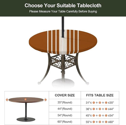 Outdoor Fitted Tablecloth with Umbrella Hole and Zipper, Burnt Orange Beige Striped Elastic Round Patio Table Cover, Farmhouse Retro Lines Modern Table Protector for Backyard BBQ Party 55''-60''