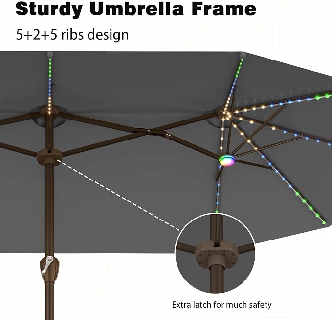 AreShark 15FT Large Rectangular Patio Umbrella with Solar Lights, Gray | Rectangle Lighted Outdoor Umbrella with Crank, Double-Sided Market Umbrella with Base for Porch, Lawn, Pool, Backyard