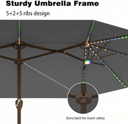AreShark 15FT Large Rectangular Patio Umbrella with Solar Lights, Gray | Rectangle Lighted Outdoor Umbrella with Crank, Double-Sided Market Umbrella with Base for Porch, Lawn, Pool, Backyard