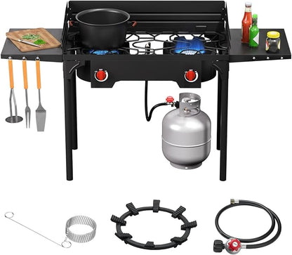 SKOK 2 Burners Camping Propane Stove with Wind Panel&Side Shelves, Portable Gas Stove, Outdoor Stove for Camping, Backyard, Picnic