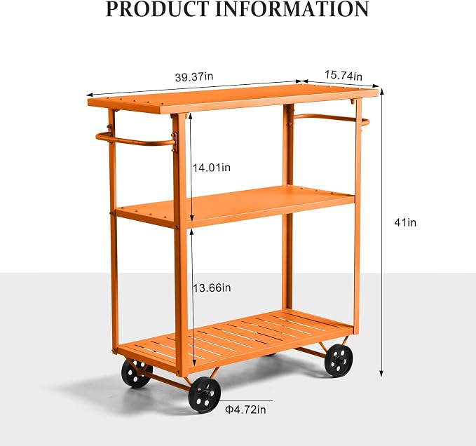 Orange 3-Tier Metal Rolling Beverage Bar Cart | Waterproof Rustproof Serving Cart with Handle | 39.37 x 15.74 x 41 in | Indoor Use Outdoor Party Utility Storage Cart
