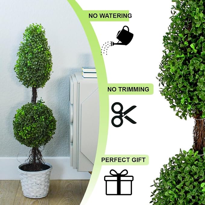 Admired by Nature 26" Artificial Topiary 2 Ball Shape Boxwood Topiary with Planter - For Home Decor, Offices, Indoor Outdoor Display - Green/Green Pot
