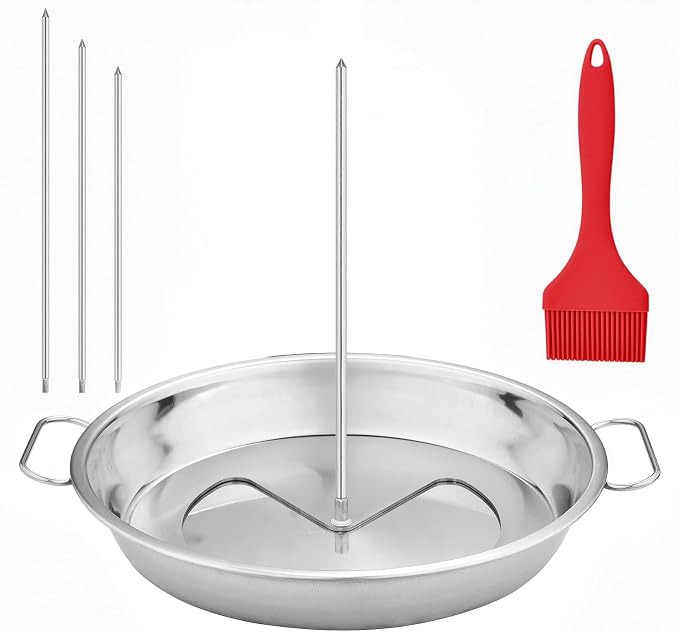 Shawarma Pan & Al Pastor Skewer for Grill - Stainless Steel Vertical Skewer Stand with 3 Spikes (7", 9", 11") & Brushes - Brazilian Spit for Tacos Al Pastor, Gyro, Smoker & Oven (AMBI-APS-0818-B)