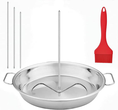 Shawarma Pan & Al Pastor Skewer for Grill - Stainless Steel Vertical Skewer Stand with 3 Spikes (7", 9", 11") & Brushes - Brazilian Spit for Tacos Al Pastor, Gyro, Smoker & Oven (AMBI-APS-0818-B)