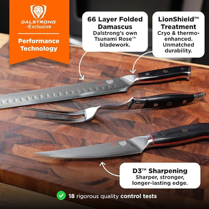 Dalstrong Slicing Carving Knife 12" + Fillet Knife 6" + Meat Fork - Shogun Series ELITE - Japanese AUS-10V Super Steel - Premium Carving Set - Black G10 Handle - Sheaths Included