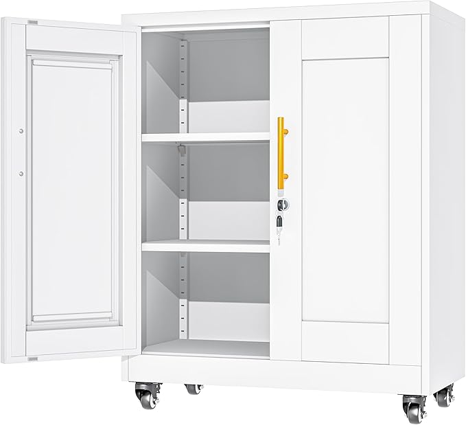 35.4" Metal Garage Storage Cabinet with Wheels and Locking Doors and Tall Rolling Steel Tool Cabinet with 2 Adjustable Shelves for Garage,Home,Office,Shop (White, 35.4''H x 27.6''W x13.8''D)