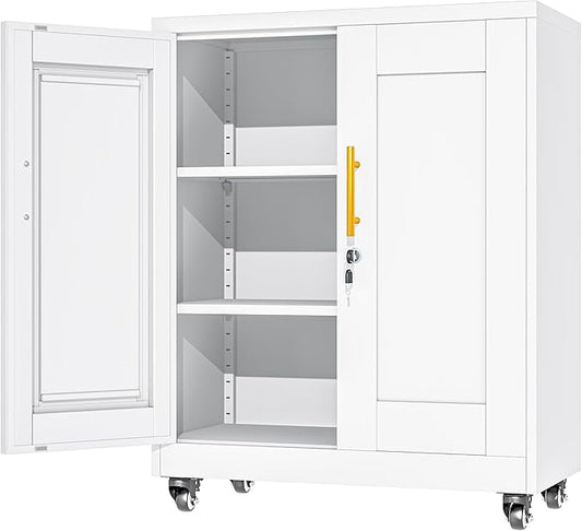 35.4" Metal Garage Storage Cabinet with Wheels and Locking Doors and Tall Rolling Steel Tool Cabinet with 2 Adjustable Shelves for Garage,Home,Office,Shop (White, 35.4''H x 27.6''W x13.8''D)
