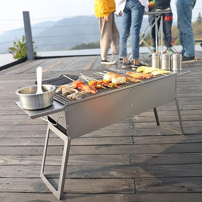 Portable Charcoal Grill, Stainless Steel Barbecue Grill Camping Smoker Grill for Outdoor Cooking Picnic Outdoor Garden Charcoal BBQ Grills Party, 60*20cm, Silver