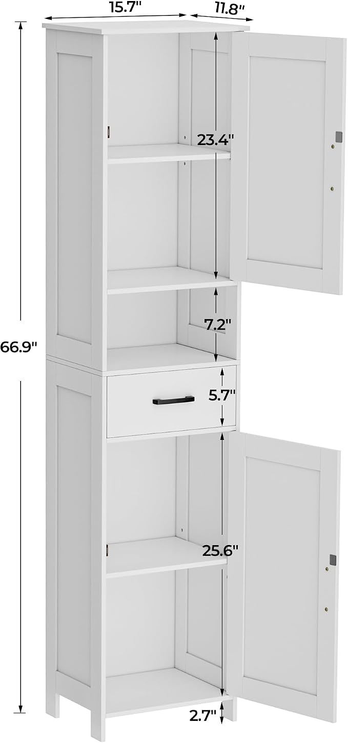 Homhedy 67" H Tall Bathroom Storage Cabinet with Barn Doors and Drawer | Narrow Storage Unit with Adjustable Shelves, Floor Cabinet for Bathroom, Living Room, Entryway or Kitchen, White, 15.7" W