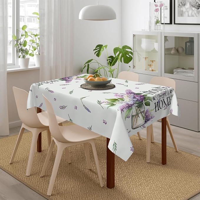 Decorative Rectangle Table Cloths Purple Lavender Leaves Home Sweet Home Tablecloth Table Cover for Dining/BBQ/Picnic/Coffee Table 52 X 70 Inches