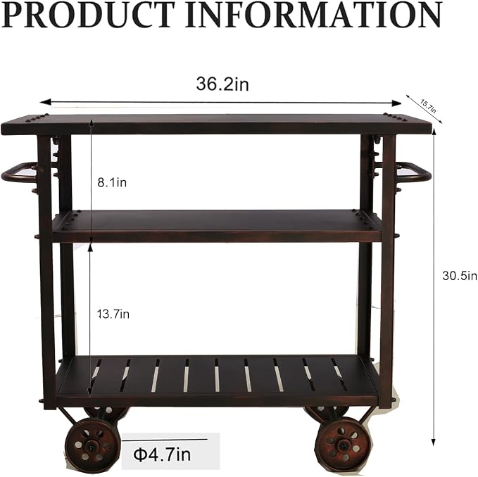 Topower Industrial Bar Cart, Serving Cart with Wheels and Handle, 3-Tier Beverage All-Metal Cart with Removable Tray and Storage Shelves for Living Room Kitchen, Rustic Copper