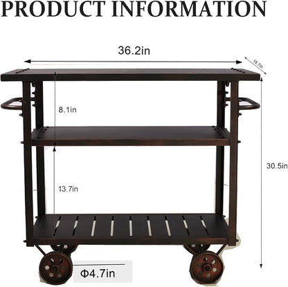 Topower Industrial Bar Cart, Serving Cart with Wheels and Handle, 3-Tier Beverage All-Metal Cart with Removable Tray and Storage Shelves for Living Room Kitchen, Rustic Copper