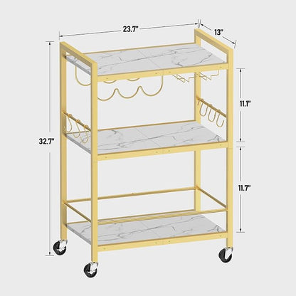 TUTOTAK Bar Cart with Wheels, Drink Cart with Wine Rack and Glass Holder | 3-Tier 23.7 Inch Wide Home Bar Serving Carts, Small Mobile Kitchen Shelf with 6 Hooks, Marble Gold BC01BMG030