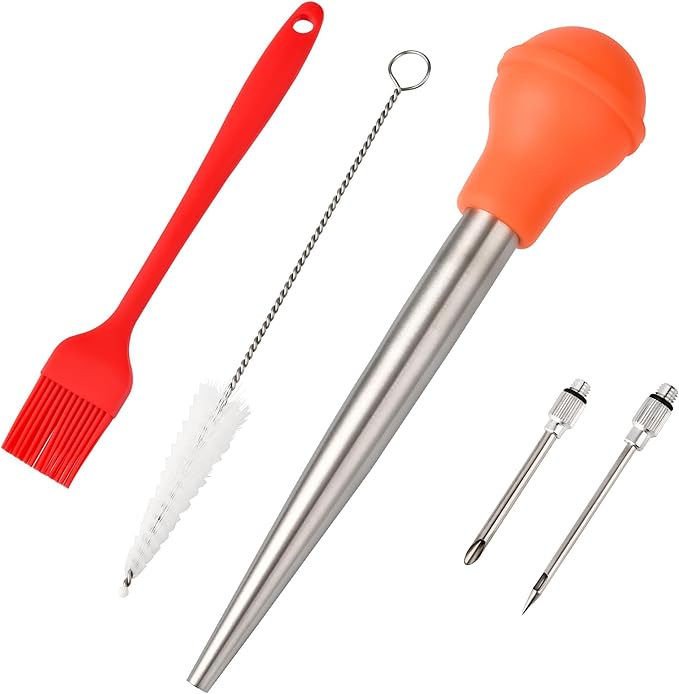 Turkey Baster, 18/8 Stainless Steel Turkey Baster Syringe for Cooking, Meat Injector Baster Set with 2 Needles & 2 Cleaning Basting Brush, Baster for Flavor Meat Poultry, Beef&Chicken Orange
