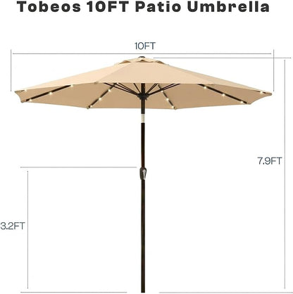 10FT Solar Lighted Patio Umbrella, Outdoor Table Market Umbrellas with Push Button Tilt and Crank, 32 LED Lights, 8 Sturdy Ribs, UV-Resistant for Deck, Garden, Pool