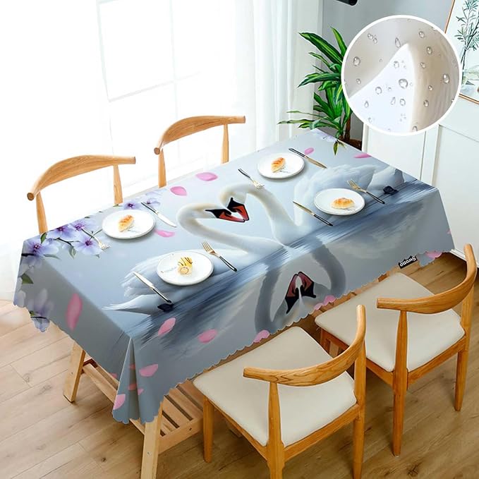 Swono Decorative Rectangle Table Cloth Swans, White Swans Love Heart Flowers Polyester Tablecloth Kitchen Table Cover for Dining BBQ Picnic Coffee Table 50x72, 4-6 Seats