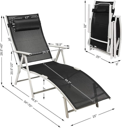 Tangkula Outdoor Folding Chaise Lounge Chair, Lightweight Recliner Chair w/ 7 Adjustable Backrest Positions, Patio Reclining Beach w/Removable Cushion & Pillow for Patio Poolside No Assembly Required