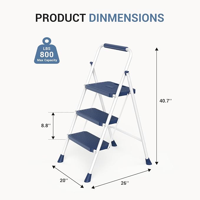 DUMOS Step Ladder, 3 Sturdy Step Stool with Anti-Slip Pedal & Comfortable Handrail, Portable Heavy Duty Stool for Kitchen, Garage & Outdoor, 800lbs, Calm Blue