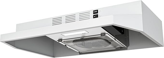 FIREGAS 24 inch Range Hood, 300CFM Ducted/Ductless Convertible Under Cabinet Range Hood in White Painted Stainless Steel with 2 watt LED Light and Filter, 2 fan speeds,hassle-free installation