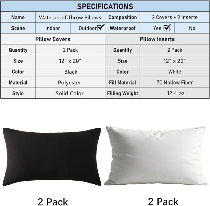 Outdoor Throw Pillows with Inserts, Waterproof Pillows for Outdoor Seating, Square Decorative Garden Cushion for Patio Furniture, Bed, Couch, Sofa (Black, 12" x 20" (Pack of 2))