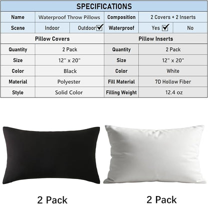Outdoor Throw Pillows with Inserts, Waterproof Pillows for Outdoor Seating, Square Decorative Garden Cushion for Patio Furniture, Bed, Couch, Sofa (Black, 12" x 20" (Pack of 2))