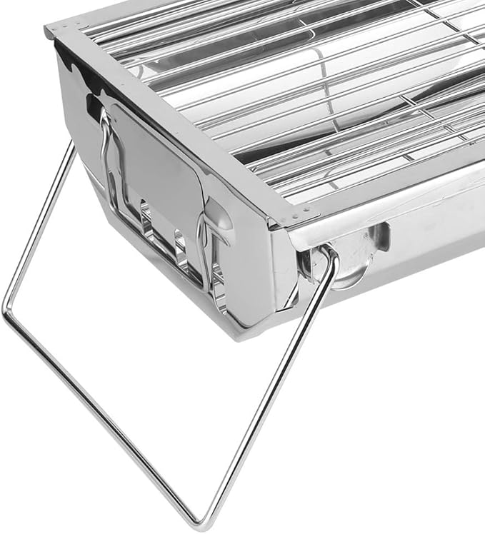 Folding Charcoal Grill Stainless Steel BBQ Tool for BBQs, Picnics, and Camping, Easy to Assemble and Clean, Outdoor Cooking Grill for Burgers, Fish, 13.1x8.9x3.1in, Silver